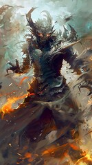 A horned, dark, and menacing creature with glowing red eyes emerges from the flames.