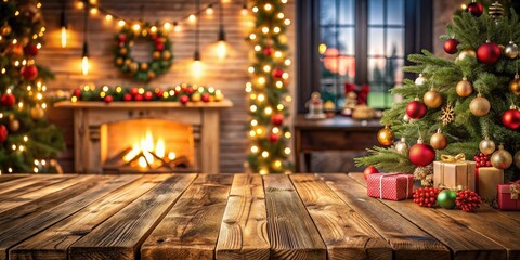 Festive Christmas scene with holiday decorations on wooden table, Christmas, holidays, background, scenic, wooden, table