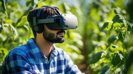 A virtual reality headset used by an agronomist to simulate different crop management techniques, assessing outcomes in a virtual farm environment