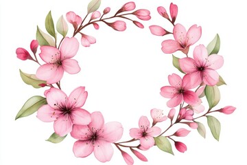 Fototapeta premium Beautiful pink flower wreath with delicate petals and green leaves, perfect for spring decorations and floral designs.