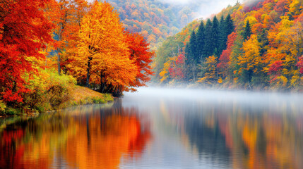 Fototapeta premium Vibrant autumn colors reflected in a calm river, surrounded by trees displaying shades of red, orange, and yellow in a misty landscape