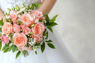 Obraz premium Elegant bridal bouquet featuring soft pink roses and delicate white flowers, perfect for weddings and romantic events.