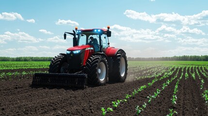 Obraz premium An autonomous tractor plowing a field, equipped with GPS and AI to follow precise planting patterns, minimizing fuel use and soil compaction