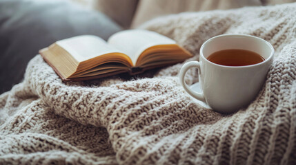 A cozy scene with a person wrapped in a blanket, sipping tea, and reading a book, representing self-care