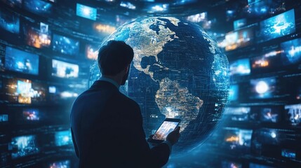 Fototapeta premium A businessman with a tablet in hand stands in front of a glowing globe surrounded by digital screens, symbolizing the power of global connectivity and the vastness of information available online.