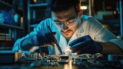 Technician in Lab Coat Works on Circuit Board with Soldering Iron