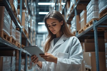 Young woman in white lab coat checks mobile phone while standing in a busy warehouse filled with neatly stacked boxes during daylight hours