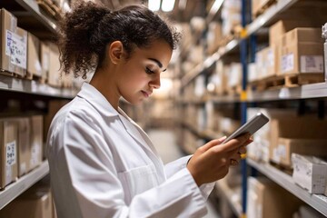 Young woman in white lab coat checks mobile phone while standing in a busy warehouse filled with neatly stacked boxes during daylight hours