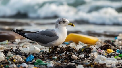 Seabird surrounded by plastic waste on a polluted beach, highlighting the devastating effect of ocean pollution on wildlife and the call for environmental action