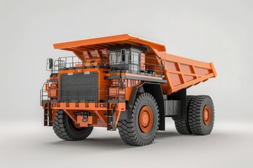 Obraz premium A heavy-duty dump truck in vibrant orange and black stands prominently, highlighting its rugged construction and large tires, perfect for demanding excavation tasks.