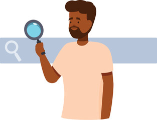 Young man is holding a magnifying glass and searching for information in a search bar