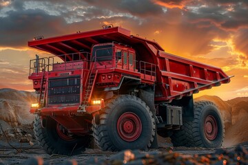Obraz premium A large red mining truck stands idle on rocky land, silhouetted against a vibrant sunset, highlighting the scale of heavy machinery in an open-pit mining environment.