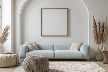 A midcentury modern interior photo of a living room with an art frame hanging from an arched wall and a light blue sofa and knit poof. Generative AI
