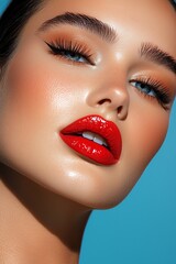 Fototapeta premium A glamorous beauty portrait featuring bold red lips and striking blue eyes, showcasing flawless skin and dramatic eyelashes.