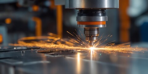 Close-up of CNC machine cutting metal with sparks flying, creati