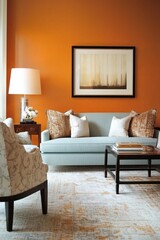 A midcentury modern interior photo of a residential living room with an orange wall hanging with an art frame and blue chairs and armchairs. Generative AI
