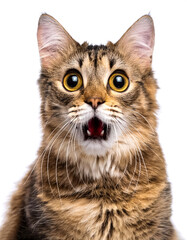 Naklejka premium Adult cat with funny expression, surprised or shocked and open mouth looking at camera isolated on white background