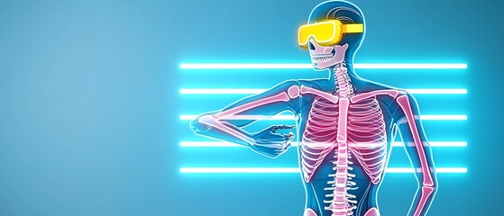 A futuristic skeleton wearing virtual reality goggles, showcasing a blend of technology and anatomy against a neon backdrop.
