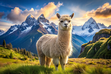 Obraz premium Alpaca standing in a grassy field with snow-capped mountains in the background
