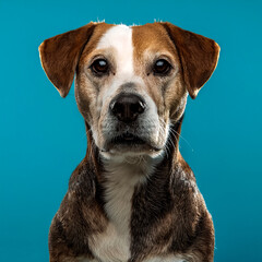 Cute adult dog standing and looking at camera isolated on light blue background