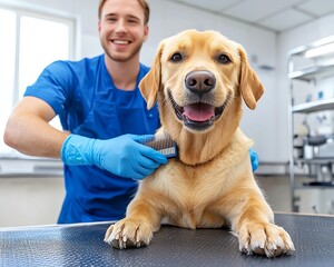 A cheerful groomer brushes a golden retriever, showcasing joy and care in pet grooming at a bright, modern facility.