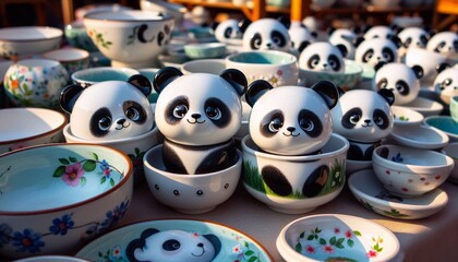 italienische T&ouml;pferwaren mit einem Pandab&auml;r Motiv auf einem Markt in Italien