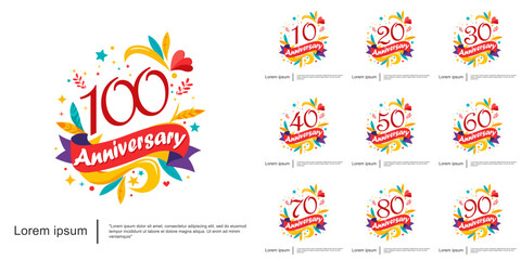 Set of 10-100years anniversary celebration logo isolated colorful and cheerful with leaves, ribbons and stars on white background. vector illustration template design for web, flyers, poster, greeting