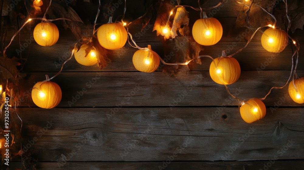 Wall mural String of pumpkin lights on rustic wood background,  with autumn leaves.