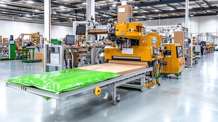Fototapeta premium A modern packaging machine in a clean industrial factory, efficient processing of goods with advanced technology for production.