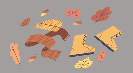 Autumn composition with hat, scarf and boots. Hand drawn style illustration
