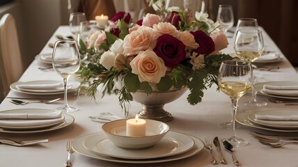 elegantly set table with several plates, wine glasses and a flower arrangement in the center