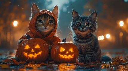 Obraz premium Two cats with jack-o-lanterns on a rainy night, one in a costume and one looking up at the camera.