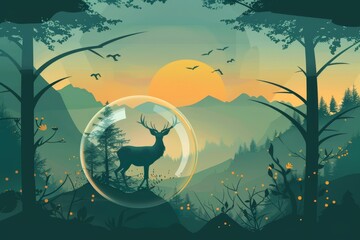A majestic deer stands inside a shimmering bubble as the sun sets behind distant mountains, surrounded by a tranquil forest filled with vibrant flora.