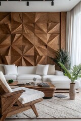 A midcentury modern interior in a living room with walls and sofas decorated with wood geometric patterns. Generative AI
