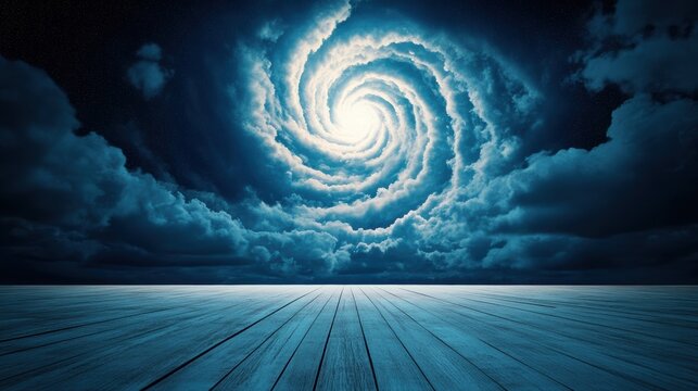 A stadium disappearing into a swirling vortex at the horizon, its lights fading into the distant, swirling patterns of a surreal, dreamlike landscape.