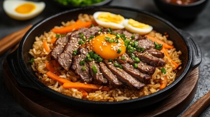 Korean fried rice with a delicious spicy and sour kimchi sauce topping with nicely arranged pieces of grilled beef and a creamy half-boiled egg and sweet carrots.