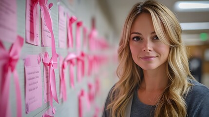 A woman placing a pink ribbon on a community bulletin board, symbolizing collective support and awareness during breast cancer month.