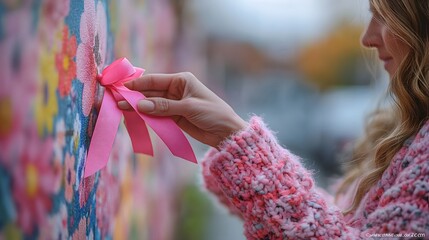 A woman placing a pink ribbon on a community bulletin board, symbolizing collective support and awareness during breast cancer month.