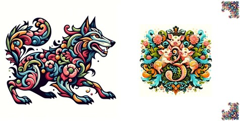 Obraz premium Colorful ornate rococo illustration of a big bad wolf logo with three little pigs logo on white background