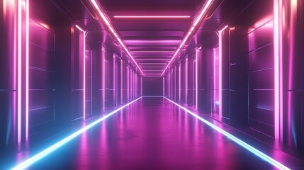 Fototapeta premium A futuristic hallway with glowing neon lights in pink and blue.