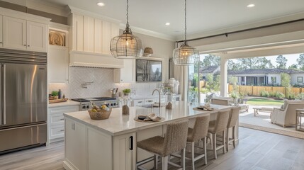 Fototapeta premium A contemporary kitchen with state-of-the-art appliances, white cabinetry, and a large central island with pendant lighting