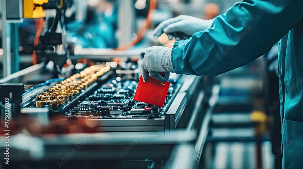 Poster worker in a factory setting placing a red part on an assembly line
