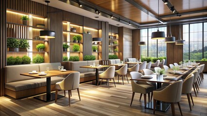 render of a modern and elegant restaurant interior, restaurant, interior, render, design, architecture, dining