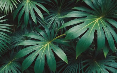 Fototapeta premium Lush Tropical Close-up of Green Leaves with Glossy Texture on a