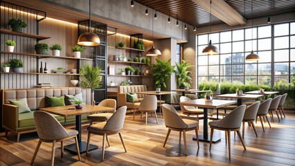 Obraz premium Modern cafe restaurant interior design with trendy decor and furniture, cafe, restaurant, interior, render, design, modern, trendy