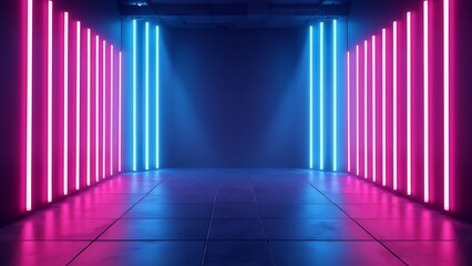 Vibrant neon lights in blue and pink against a dark background, creating a futuristic and energetic atmosphere. Ideal for use in nightlife, music events, or digital art projects.