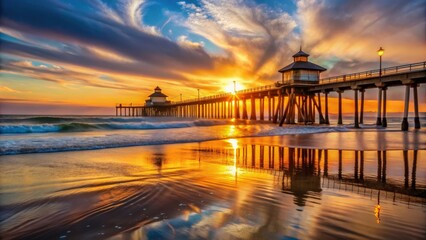 Fototapeta premium Sunset casting golden light over the iconic Huntington Beach Pier, Huntington Beach, Southern California, sun, ocean, waves