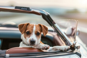 A playful Jack Russell Terrier sits in the passenger seat of a convertible, gazing out at the landscape while enjoying the warmth of the sun on a clear day.