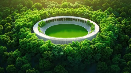 A stadium built using recycled materials and eco friendly construction techniques, minimizing the environmental impact.