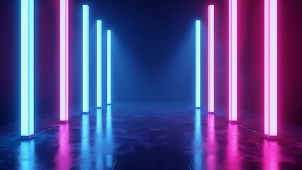 Vibrant neon lights in blue and pink against a dark background, creating a futuristic and energetic atmosphere. Ideal for use in nightlife, music events, or digital art projects.
